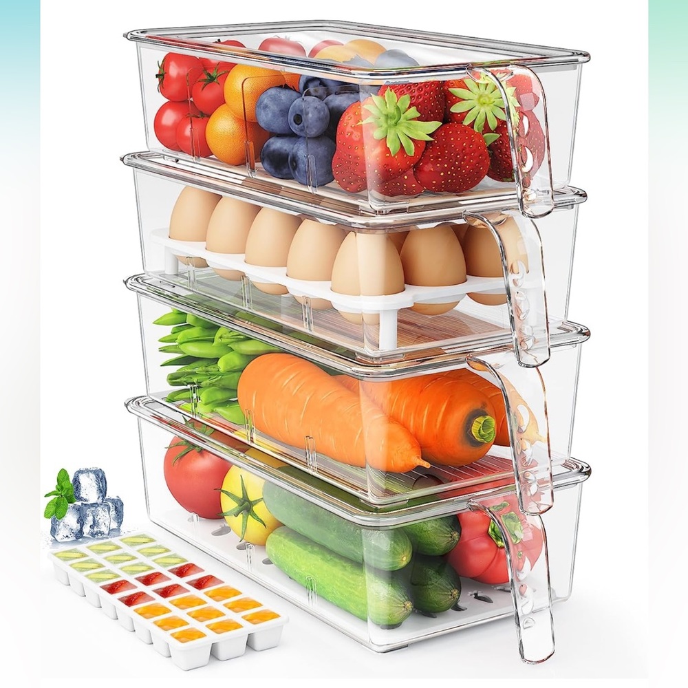 4 Pack Fridge Organizers and Storage,Clear Refrigerator Organizer Bins with Lids